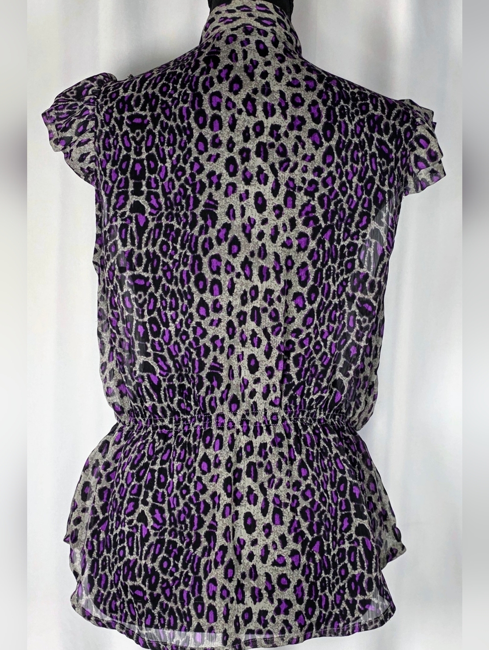 Miley Cyrus Max Azria Blouse Women XL Leopard Print Ruffle Sheer Peplum Top - Picture 7 of 8